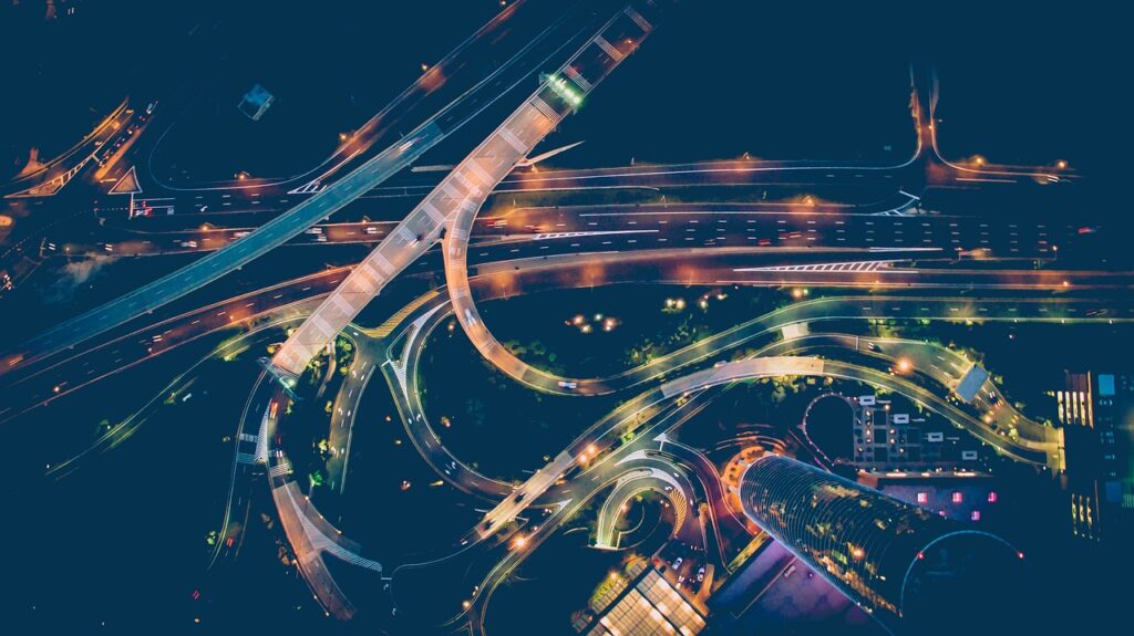 cars, highway, street, road, aerial, skyline, building, infrastructure, architecture, lights, dark, blue car, blue road, blue building, blue dark, blue street, infrastructure, infrastructure, infrastructure, infrastructure, infrastructure